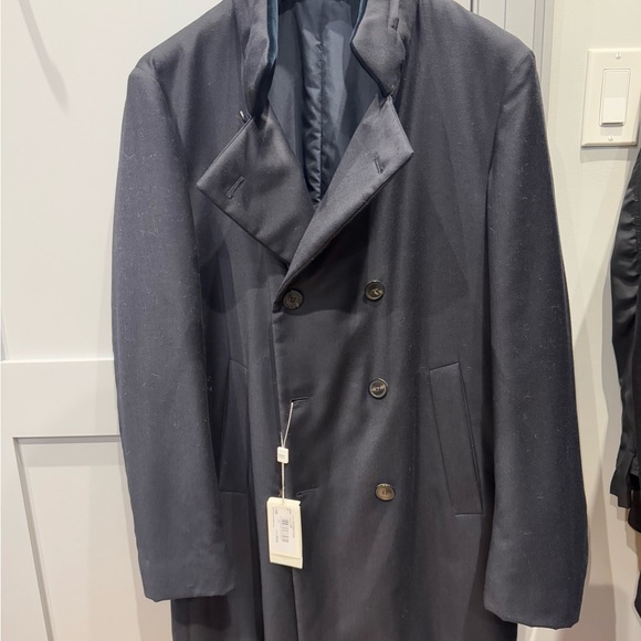 Navy Double Breasted Trench Coat with Wide Lapels and Tailored Fit - Picture 1 of 6
